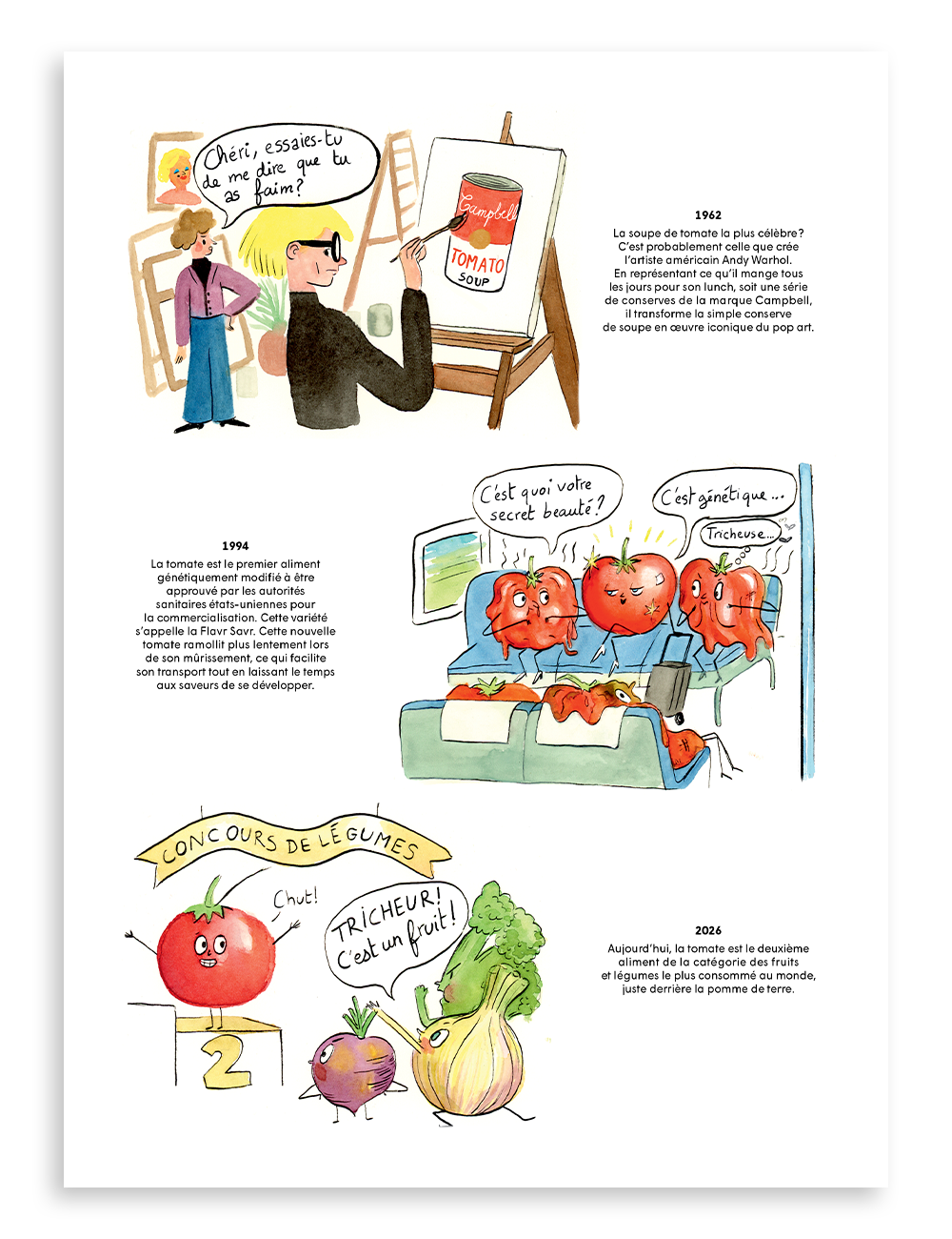 Survol historique de la tomate par Gwenaëlle Reyt, dessins d'humour d'AgatheBB, magazine Miam no 14