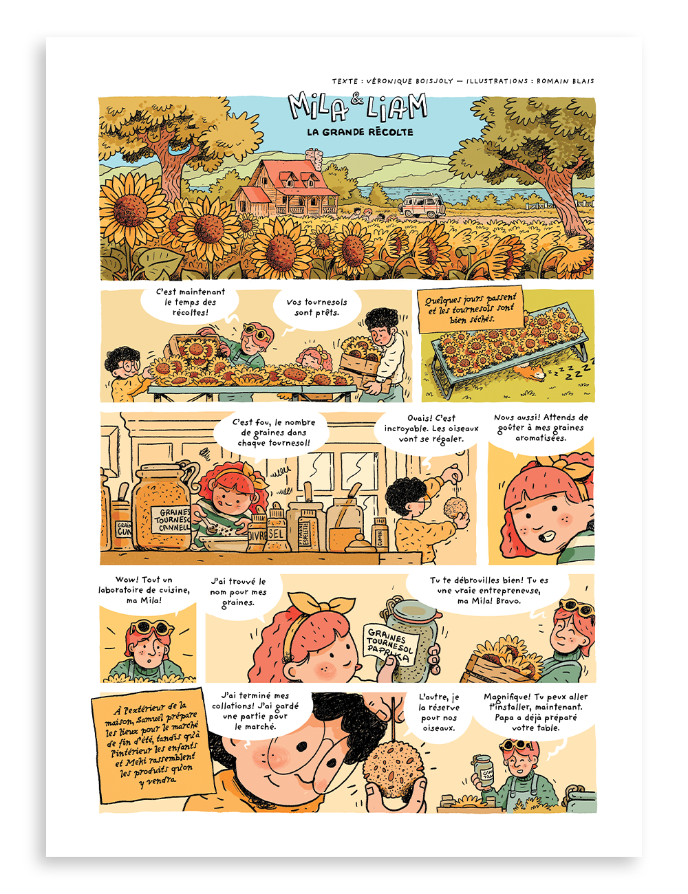 Bande dessinée de Véronique Boisjoly (texte) et Romain Blais (illustrations), magazine Miam no 15 sur le tournesol
