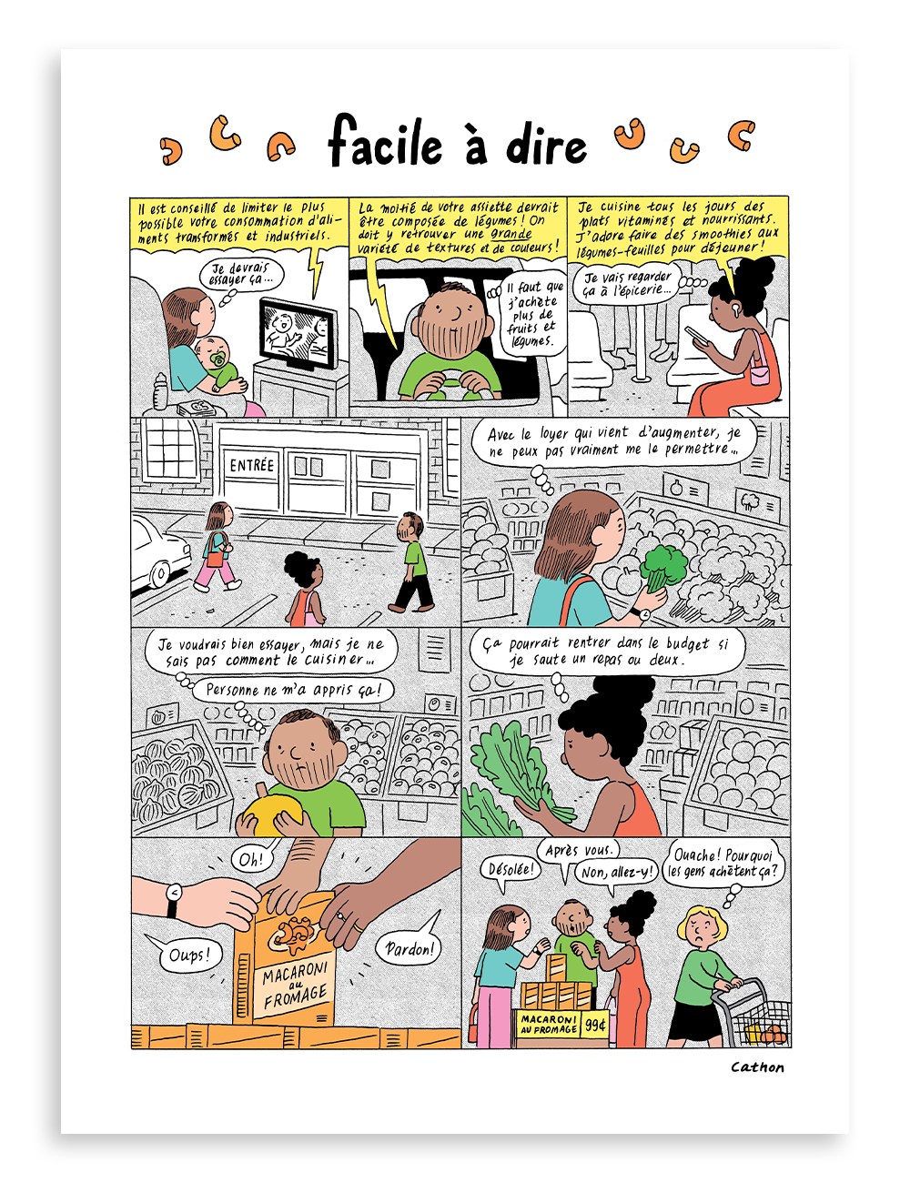 Bande dessinée de Cathon qui pose un regard critique sur le monde alimentaire, magazine Miam no 15