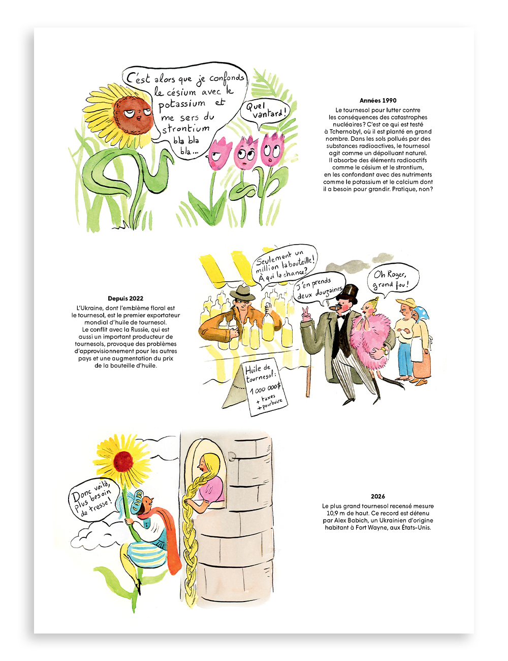 Survol historique du tournesol par Gwenaëlle Reyt, dessins d'humour d'AgatheBB, magazine Miam no 15